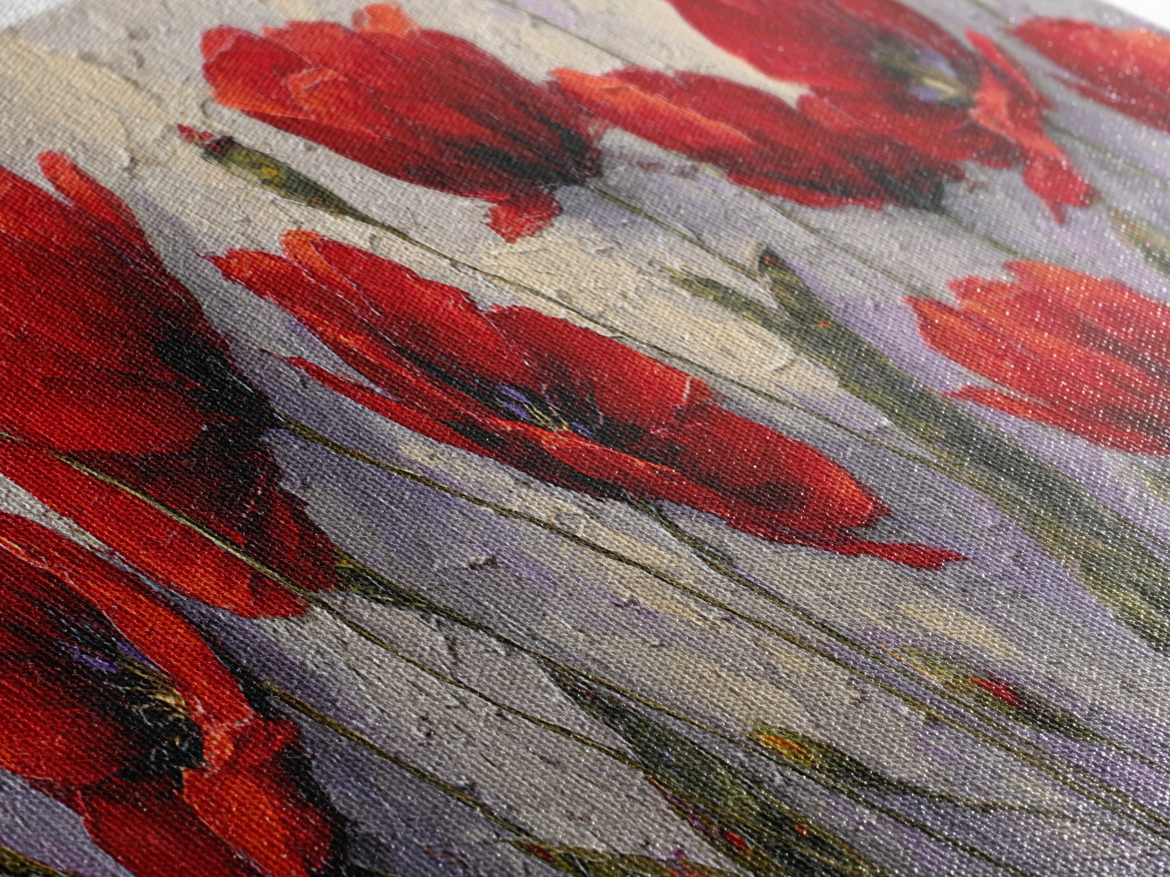 Poppy Field with Red Petals and Green Canvas Print, Floral Art, Textured Painting, Living Room Decor, Fine Art, Bloom, FLO-3x1-96