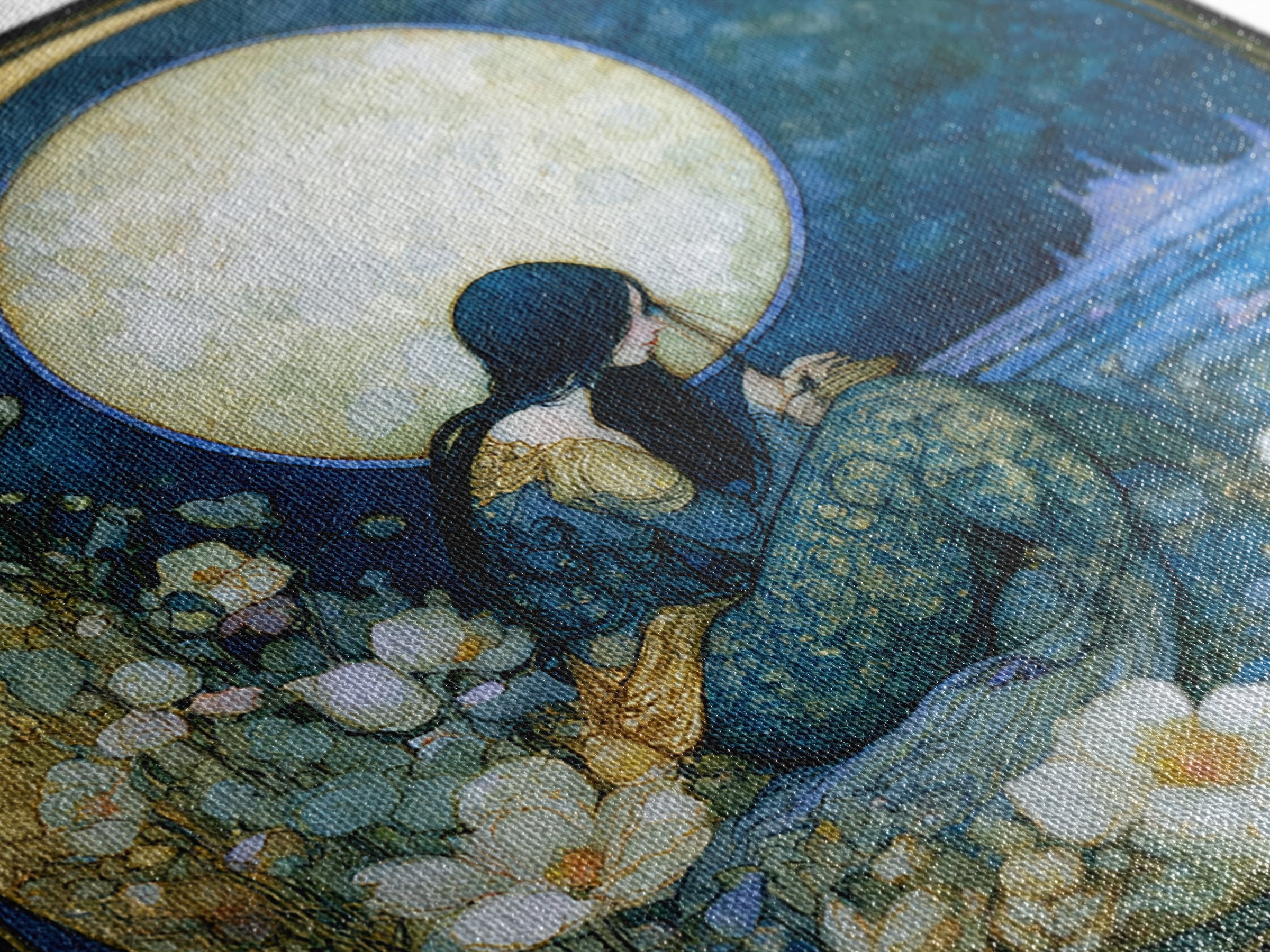 Mermaid Combing Hair Beneath a Pearl Moon Framed Canvas Print, Fairy Tale Art, Painting, Living Room Decor, Fine Art, Storybook, FTA-1x1-12