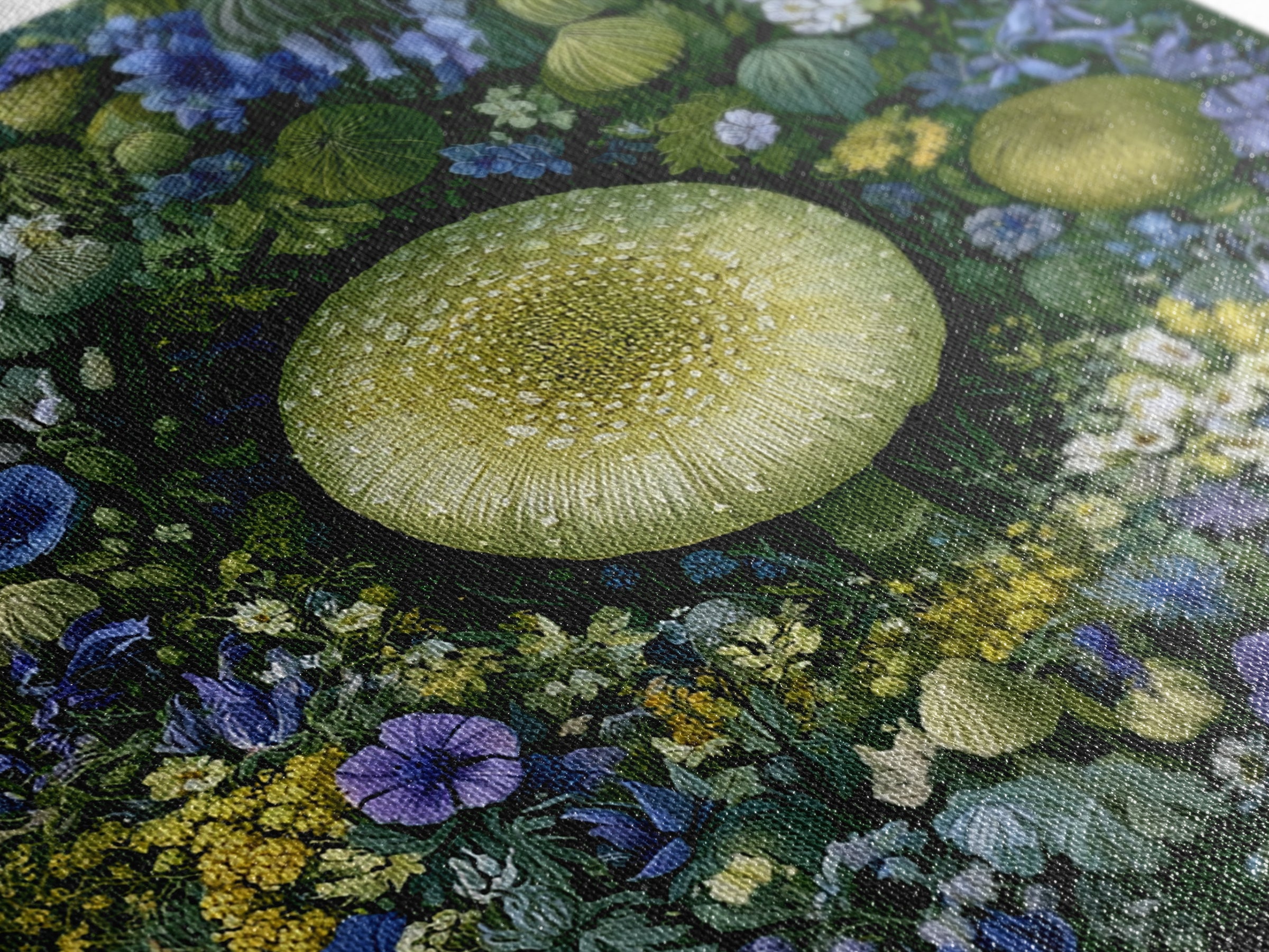 Fairy Ring of Mushrooms and Wildflowers Framed Canvas Print, Fairy Tale Art, Neutral Decor, Living Room Decor, Oil Painting, FTA-1x1-21