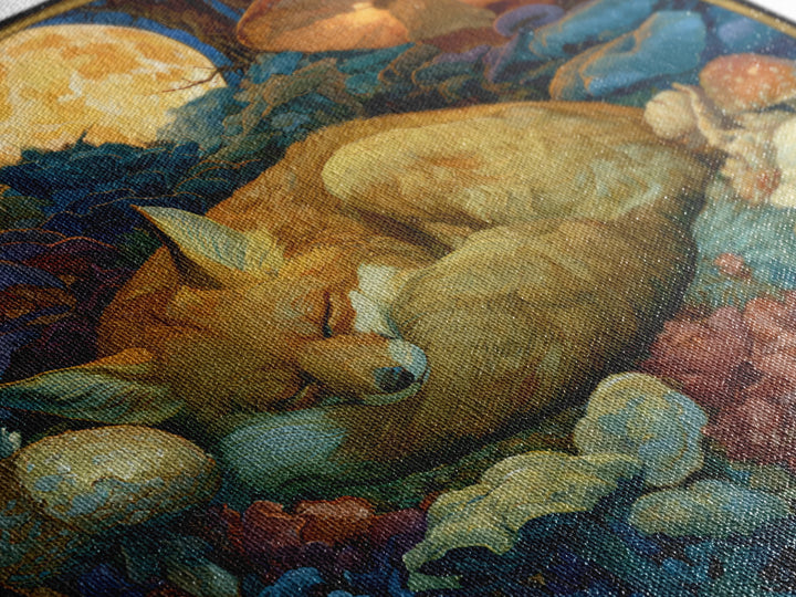 Sleeping Fox Beside a Magical Mushroom Ring Canvas Print, Fairy Tale Art, Abstract Art, Living Room Decor, Storybook, FTA-1x1-3