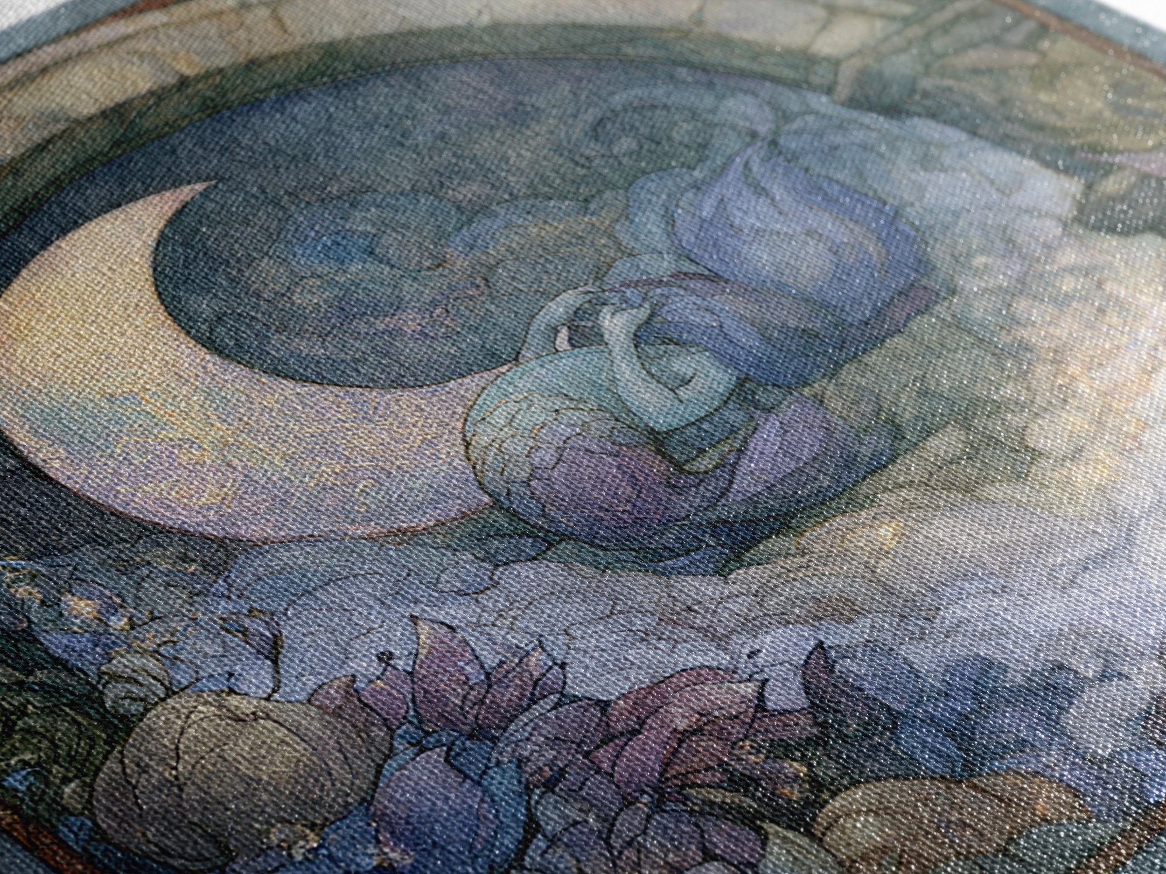 Mermaid Combing Hair Beneath a Pearl Moon Canvas Print, Fairy Tale Art, Nursery Wall Art, Living Room Decor, Watercolor Art, FTA-1x1-36