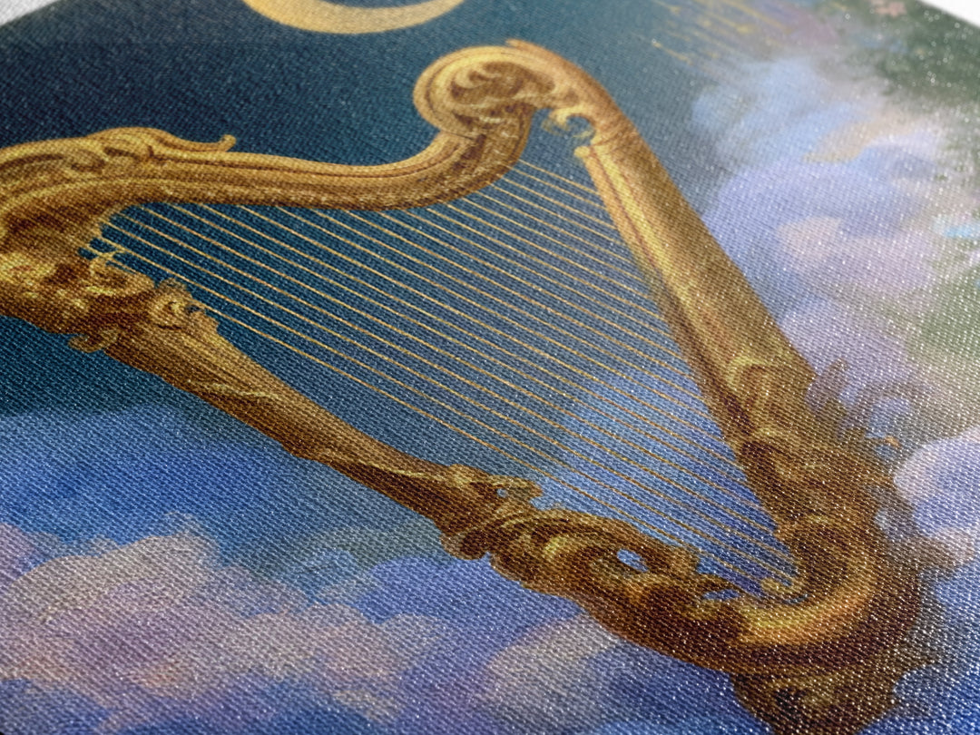 Golden Harp in a Cloud Kingdom Framed Canvas Print, Fairy Tale Art, Mixed Media Art, Living Room Decor, Fine Art, Storybook, FTA-1x1-46