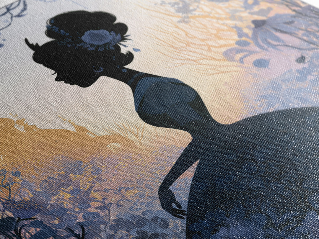 Princess Silhouette with Moonlit Garden Flowers Framed Canvas Print, Fairy Tale Art, Watercolor Art, Living Room Decor, FTA-1x1-52