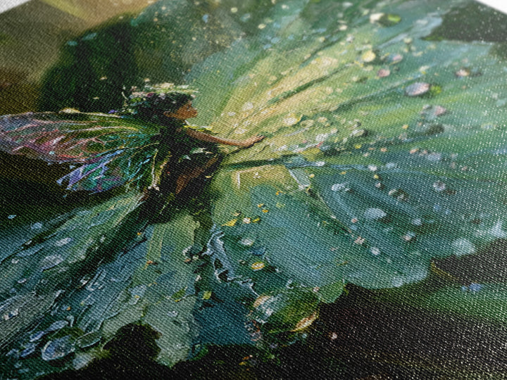 Tiny Fairy Resting on a Dew Covered Framed Canvas Print, Fairy Tale Art, Printable Art, Living Room Decor, Oil Painting, FTA-1x1-7
