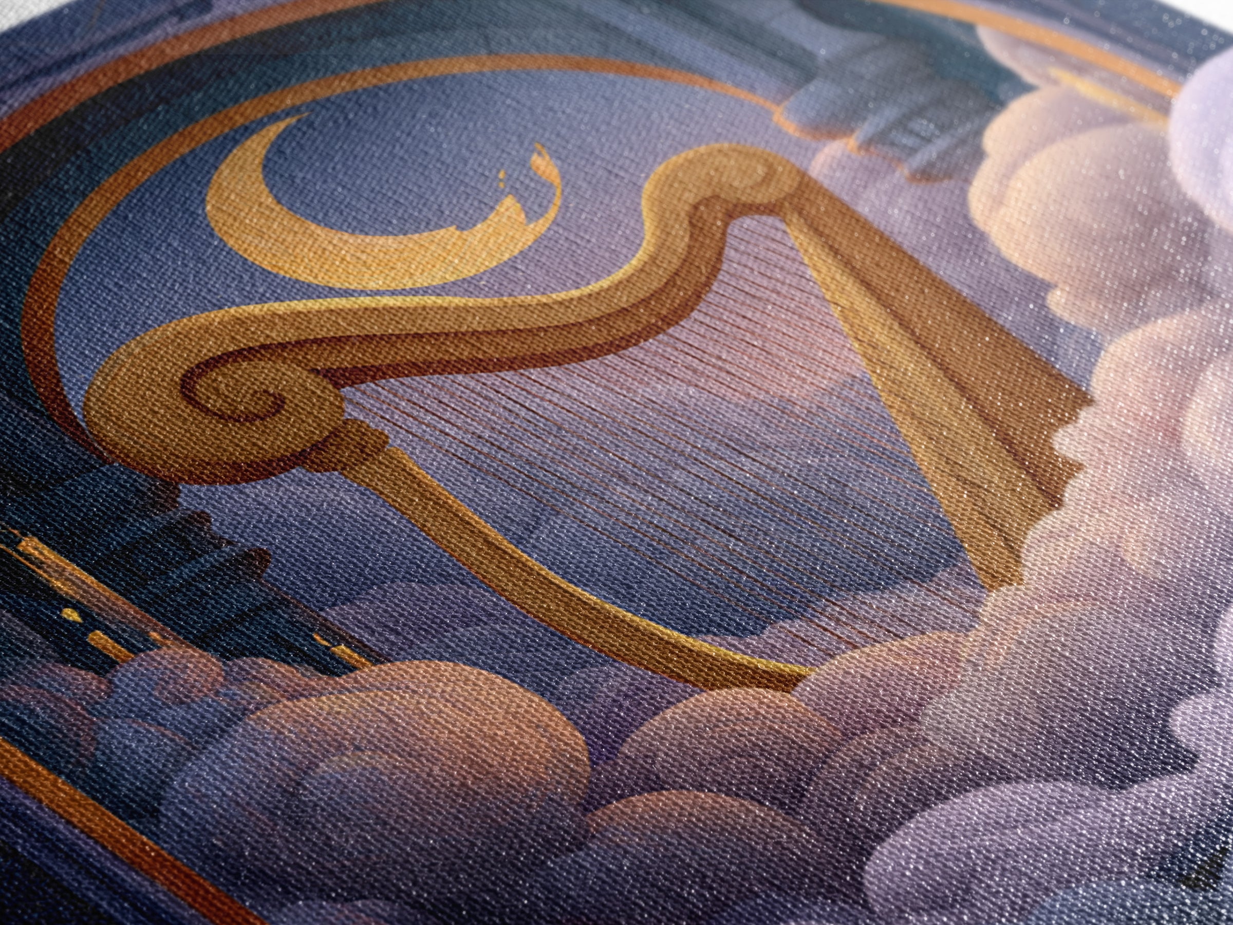 Golden Harp in a Cloud Kingdom Framed Canvas Print, Fairy Tale Art, Mixed Media Art, Living Room Decor, Fine Art, Storybook, FTA-1x1-70