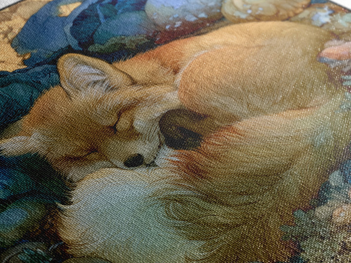 Sleeping Fox Beside a Magical Mushroom Ring Canvas Print, Fairy Tale Art, Statement Artwork, Living Room Decor, Storybook, FTA-1x1-75