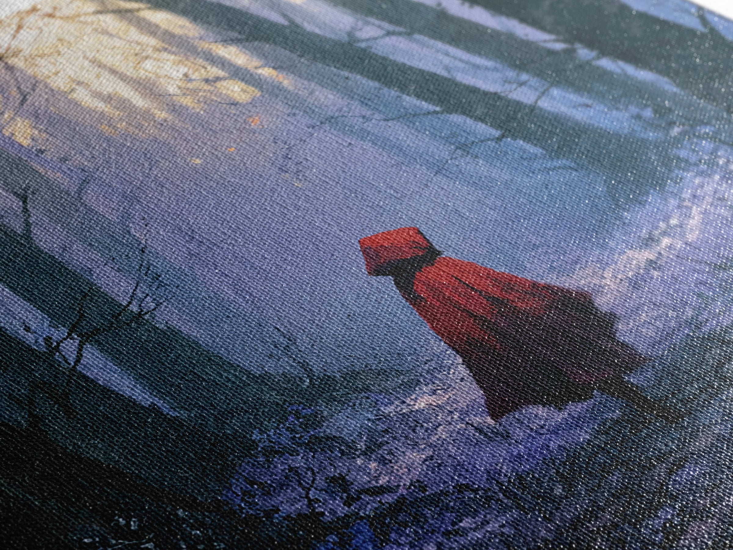 Red Cloak Figure Walking Through Dark Woods Framed Canvas Print, Fairy Tale Art, Original Art, Living Room Decor, Storybook, FTA-1x1-8