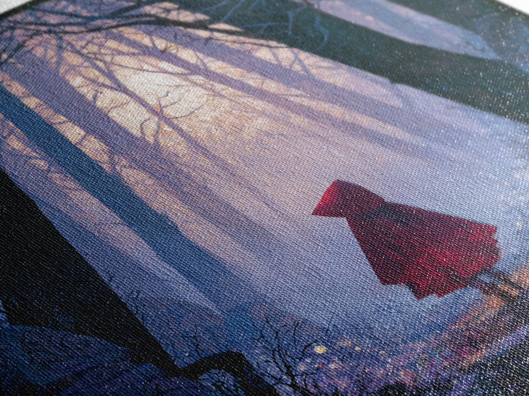 Red Cloak Figure Walking Through Dark Woods Canvas Print, Fairy Tale Art, Fine Art Print, Living Room Decor, Storybook, FTA-1x1-80