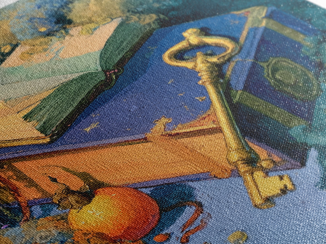 Golden Key and Enchanted Book Still Life Canvas Print, Fairy Tale Art, Statement Artwork, Living Room Decor, Storybook, FTA-1x1-9