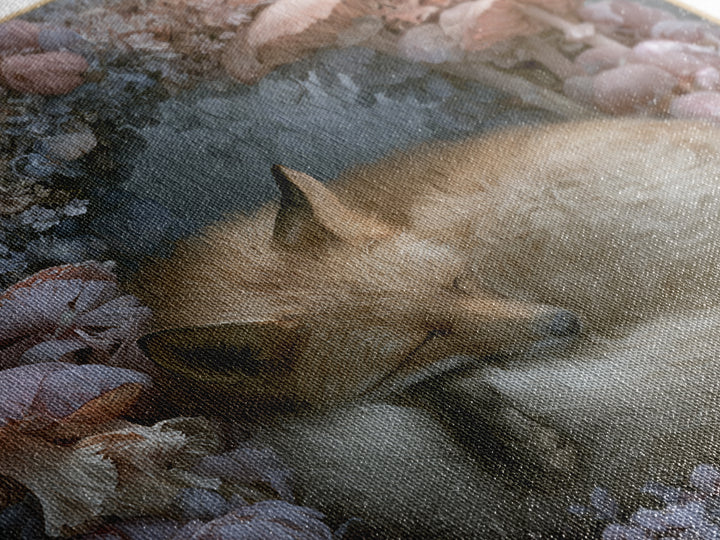 Sleeping Fox Beside a Magical Mushroom Ring Canvas Print, Fairy Tale Art, Painting, Living Room Decor, Fine Art, Storybook, FTA-1x1-99