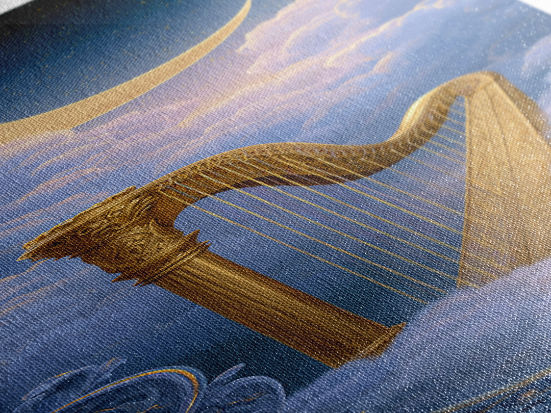 Golden Harp in a Cloud Kingdom Framed Canvas Print, Fairy Tale Art, Art Nouveau Print, Living Room Decor, Watercolor Art, FTA-1x3-58