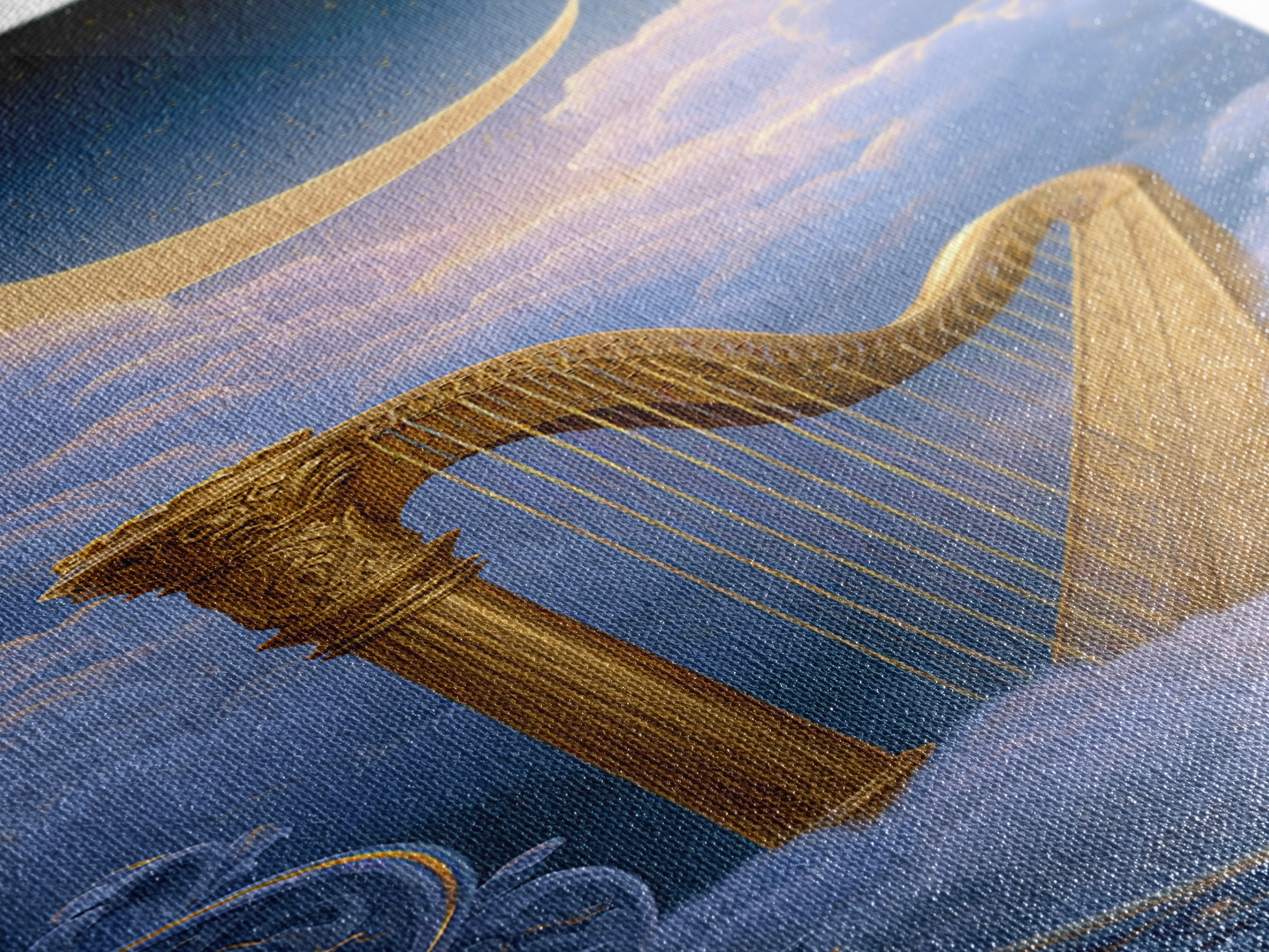 Golden Harp in a Cloud Kingdom Framed Canvas Print, Fairy Tale Art, Art Nouveau Print, Living Room Decor, Watercolor Art, FTA-1x3-58