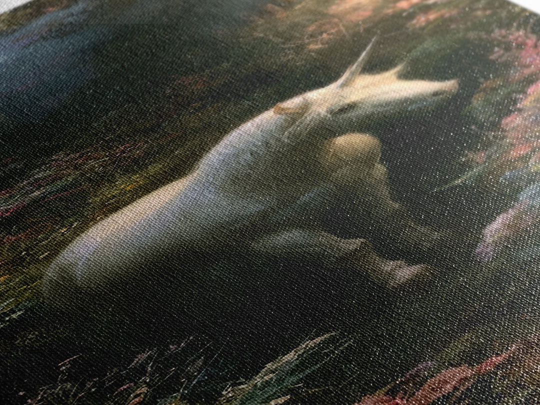 Unicorn in a Moonlit Meadow Framed Canvas Print, Fairy Tale Art, Modern Decor, Living Room Decor, Fine Art, Storybook, FTA-1x3-70