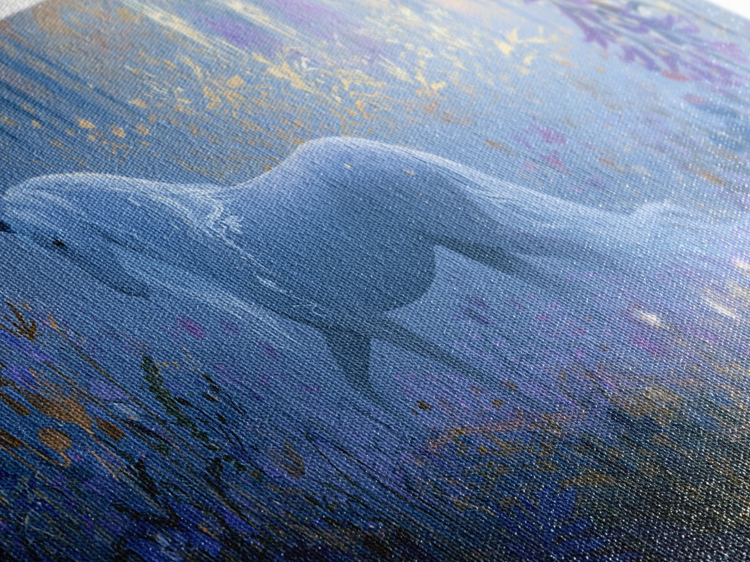 Unicorn in a Moonlit Meadow Framed Canvas Print, Fairy Tale Art, Minimalist Decor, Living Room Decor, Oil Painting, Storybook, FTA-2x1-30