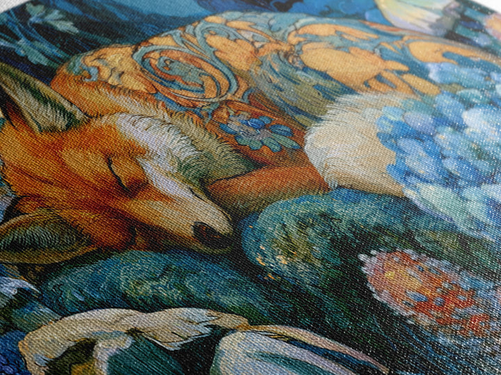 Sleeping Fox Beside a Magical Mushroom Ring Canvas Print, Fairy Tale Art, Boho Wall Art, Living Room Decor, Oil Painting, FTA-2x1-47