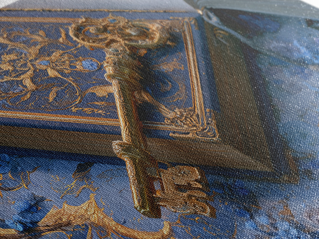 Golden Key and Enchanted Book Still Life Canvas Print, Fairy Tale Art, Nursery Wall Art, Living Room Decor, Storybook, FTA-2x1-5