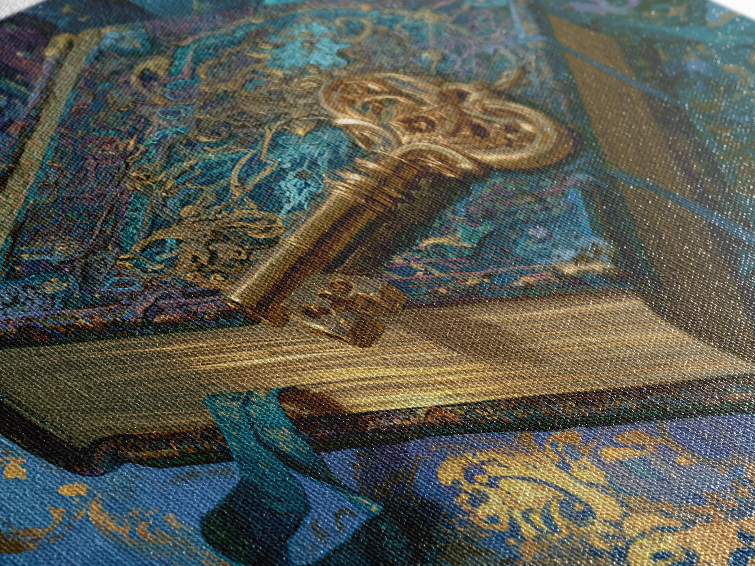 Golden Key and Enchanted Book Still Life Canvas Print, Fairy Tale Art, Boho Wall Art, Living Room Decor, Oil Painting, FTA-2x1-53