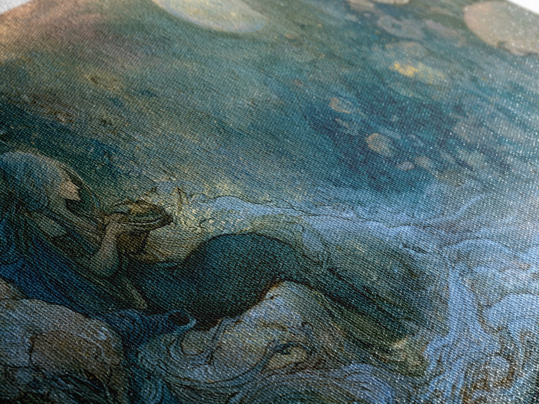 Mermaid Combing Hair Beneath a Pearl Moon Canvas Print, Fairy Tale Art, Printable Wall Art, Living Room Decor, Storybook, FTA-2x1-56