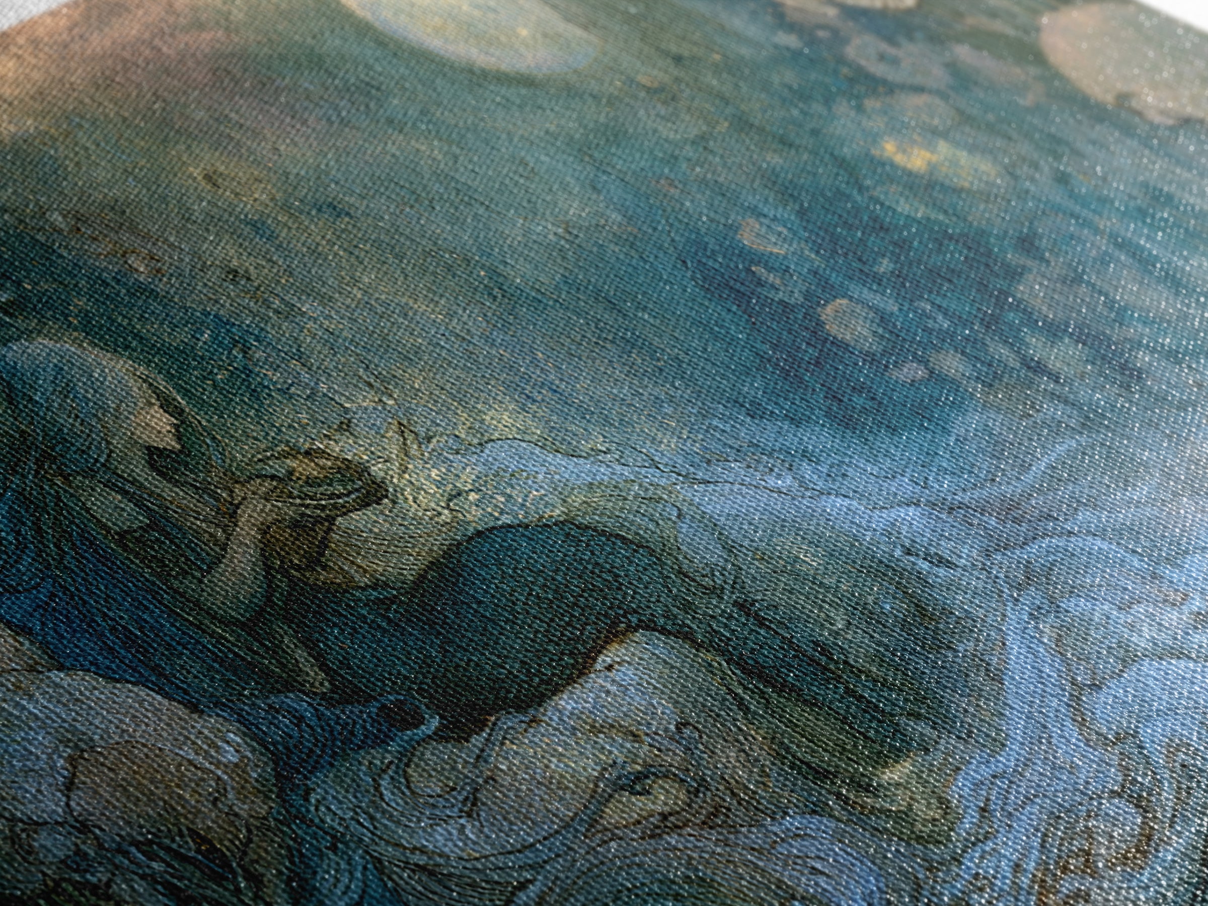 Mermaid Combing Hair Beneath a Pearl Moon Canvas Print, Fairy Tale Art, Printable Wall Art, Living Room Decor, Storybook, FTA-2x1-56