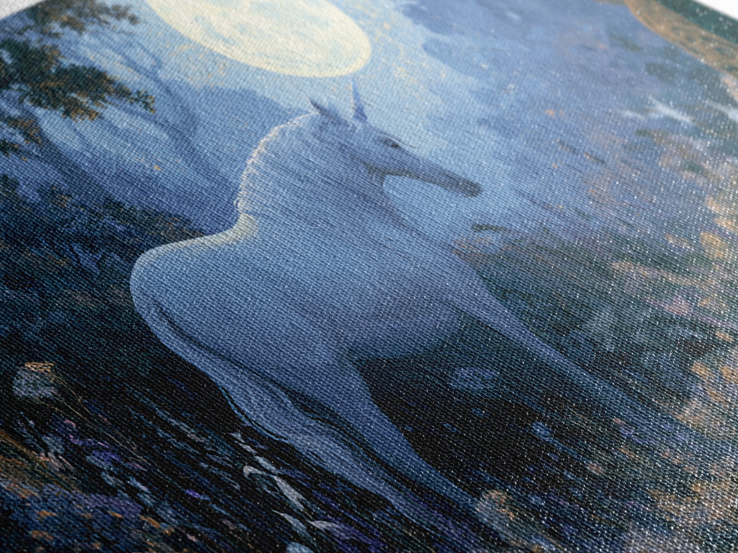 Unicorn in a Moonlit Meadow Framed Canvas Print, Fairy Tale Art, Minimalist Decor, Living Room Decor, Oil Painting, Storybook, FTA-2x1-6