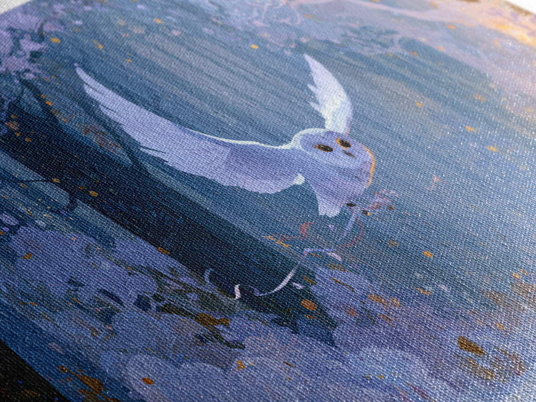 Owl Messenger Carrying a Tiny Ribbon Canvas Print, Fairy Tale Art, Canvas Wall Art, Living Room Decor, Fine Art, Storybook, FTA-2x1-61