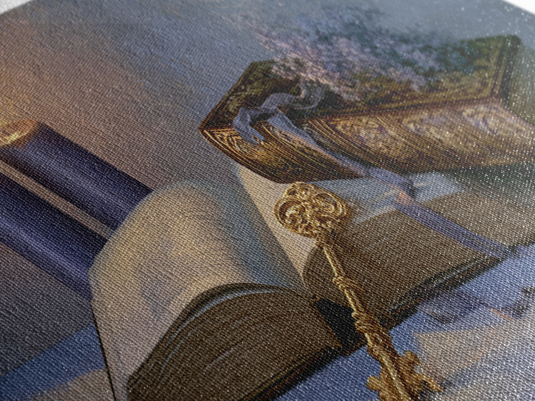 Golden Key and Enchanted Book Still Life Canvas Print, Fairy Tale Art, Boho Wall Art, Living Room Decor, Oil Painting, FTA-2x1-77