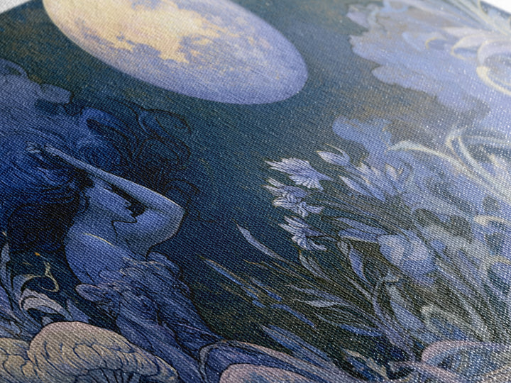 Mermaid Combing Hair Beneath a Pearl Moon Canvas Print, Fairy Tale Art, Luxury Decor, Living Room Decor, Storybook, FTA-2x1-8