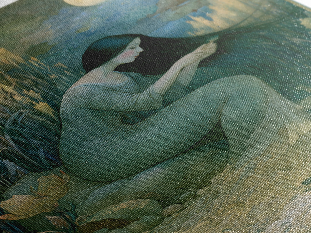 Mermaid Combing Hair Beneath a Pearl Moon Canvas Print, Fairy Tale Art, Luxury Decor, Living Room Decor, Storybook, FTA-2x3-44