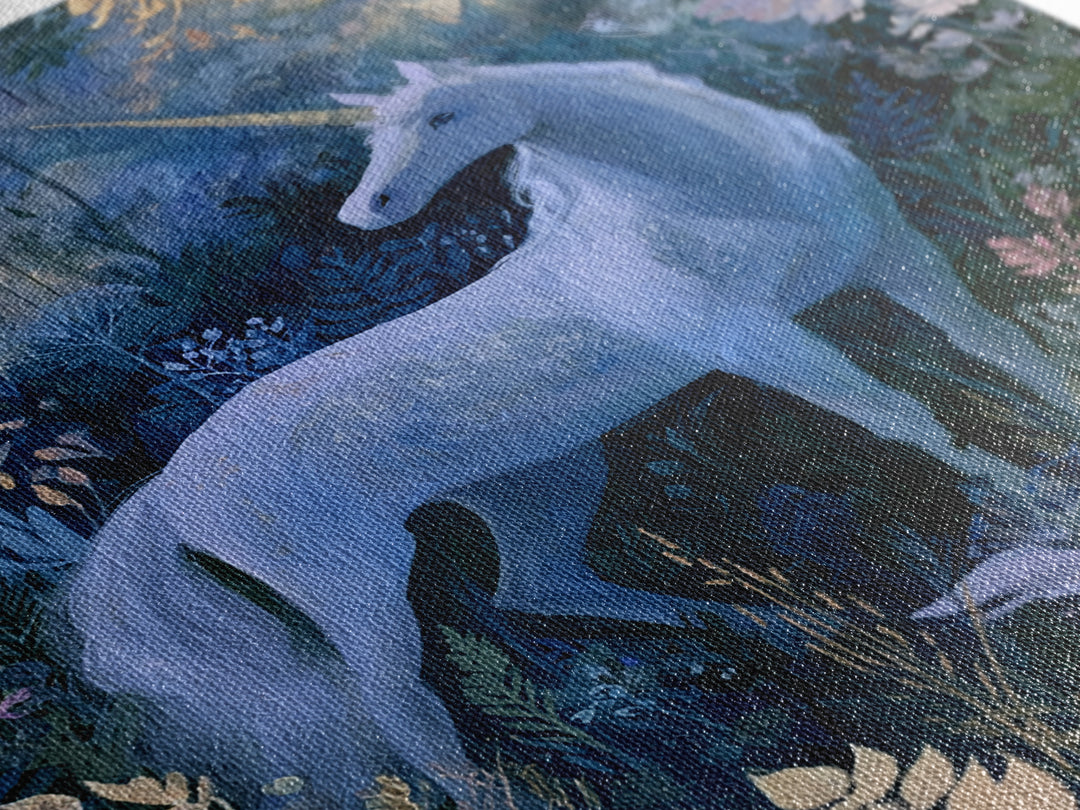 Unicorn in a Moonlit Meadow Canvas Print, Fairy Tale Art, Art Deco, Living Room Decor, Fine Art, Storybook, Whimsical Art, FTA-2x3-66