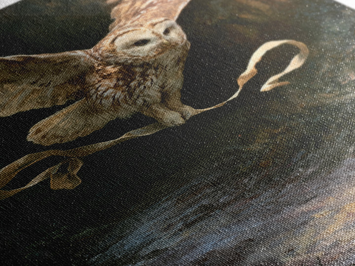 Owl Messenger Carrying a Tiny Ribbon Framed Canvas Print, Fairy Tale Art, Whimsical Art, Living Room Decor, Fine Art, Storybook, FTA-2x3-73