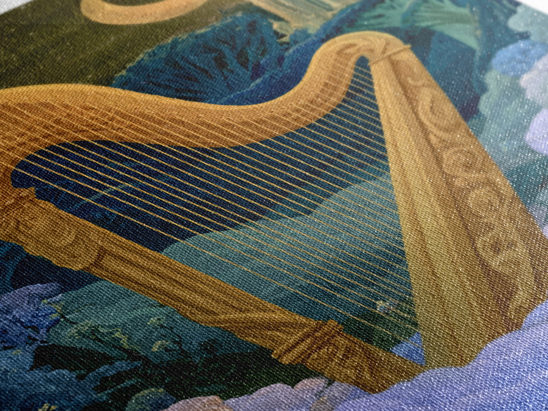 Golden Harp in a Cloud Kingdom Framed Canvas Print, Fairy Tale Art, Art Nouveau, Living Room Decor, Fine Art, Storybook, FTA-2x3-78