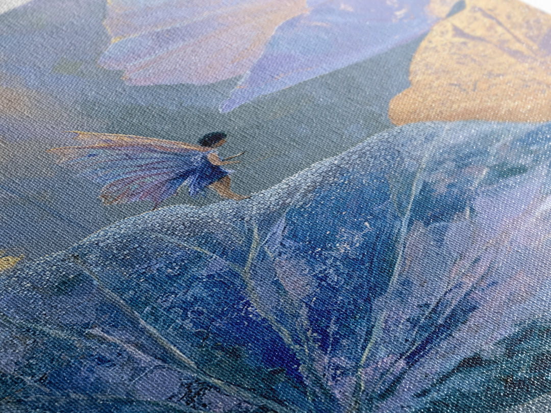 Tiny Fairy Resting on a Dew Covered Framed Canvas Print, Fairy Tale Art, Mixed Media Art, Living Room Decor, Oil Painting, FTA-2x3-87
