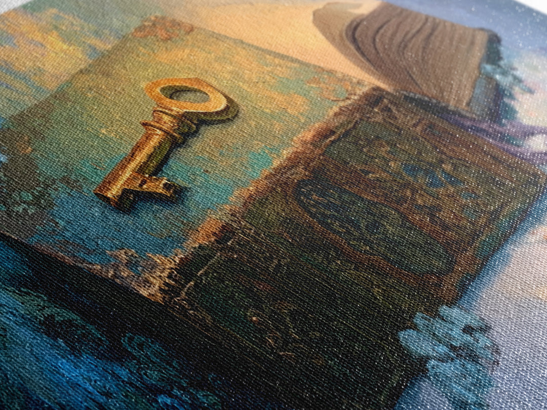 Golden Key and Enchanted Book Still Life Canvas Print, Fairy Tale Art, Kids Room Decor, Living Room Decor, Abstract Art, FTA-3x1-25