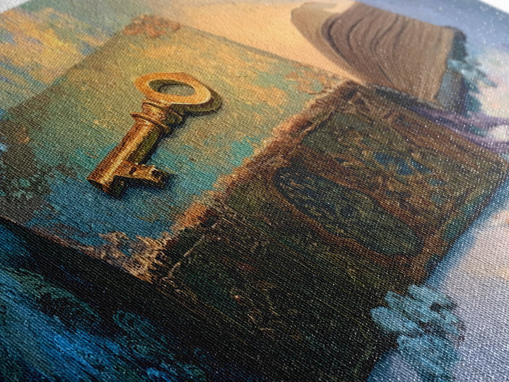 Golden Key and Enchanted Book Still Life Canvas Print, Fairy Tale Art, Kids Room Decor, Living Room Decor, Abstract Art, FTA-3x1-25