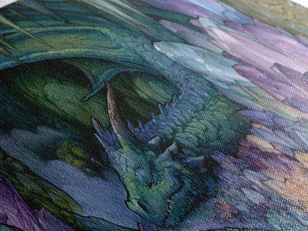 Sleeping Dragon in a Cave of Crystals Canvas Print, Fairy Tale Art, Neutral Decor, Living Room Decor, Fine Art, Storybook, FTA-3x1-40