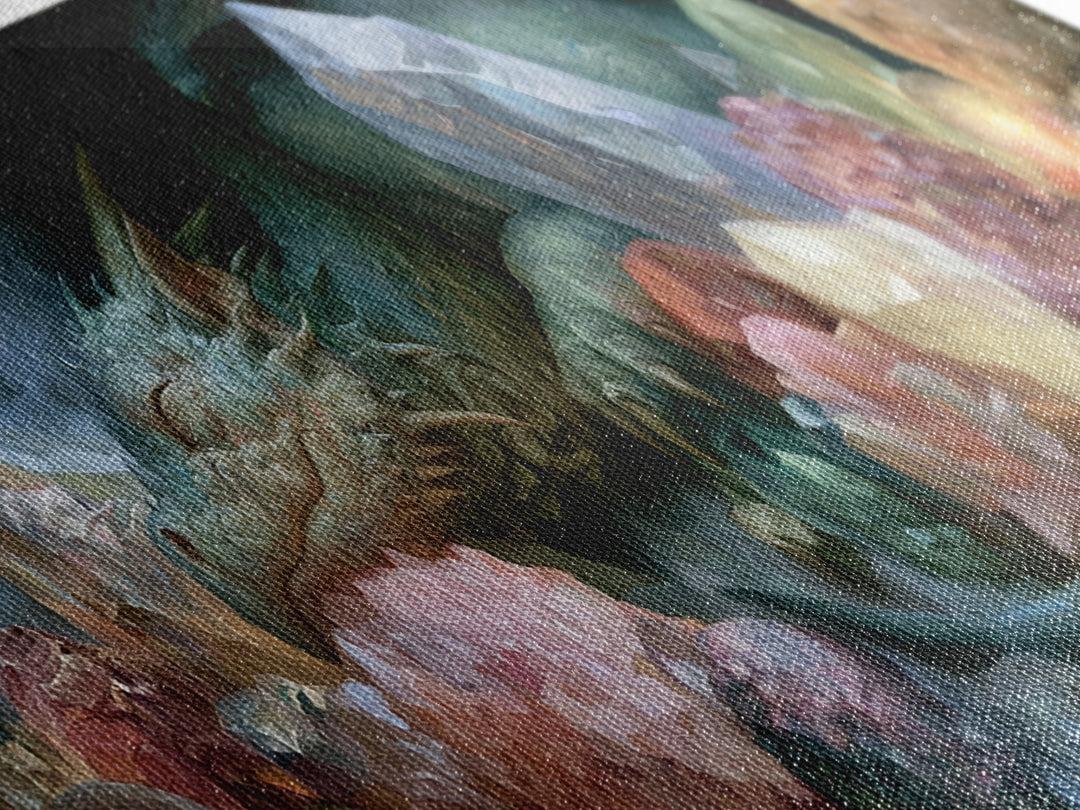Sleeping Dragon in a Cave of Crystals Canvas Print, Fairy Tale Art, Wall Art, Living Room Decor, Oil Painting, Storybook, FTA-3x1-88
