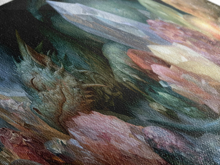 Sleeping Dragon in a Cave of Crystals Canvas Print, Fairy Tale Art, Wall Art, Living Room Decor, Oil Painting, Storybook, FTA-3x1-88
