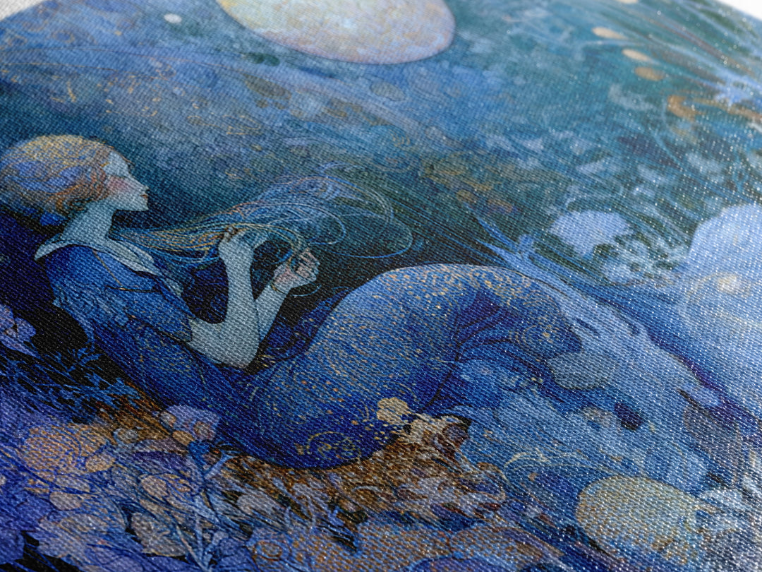 Mermaid Combing Hair Beneath a Pearl Moon Framed Canvas Print, Fairy Tale Art, Fantasy Art, Living Room Decor, Oil Painting, FTA-3x2-40