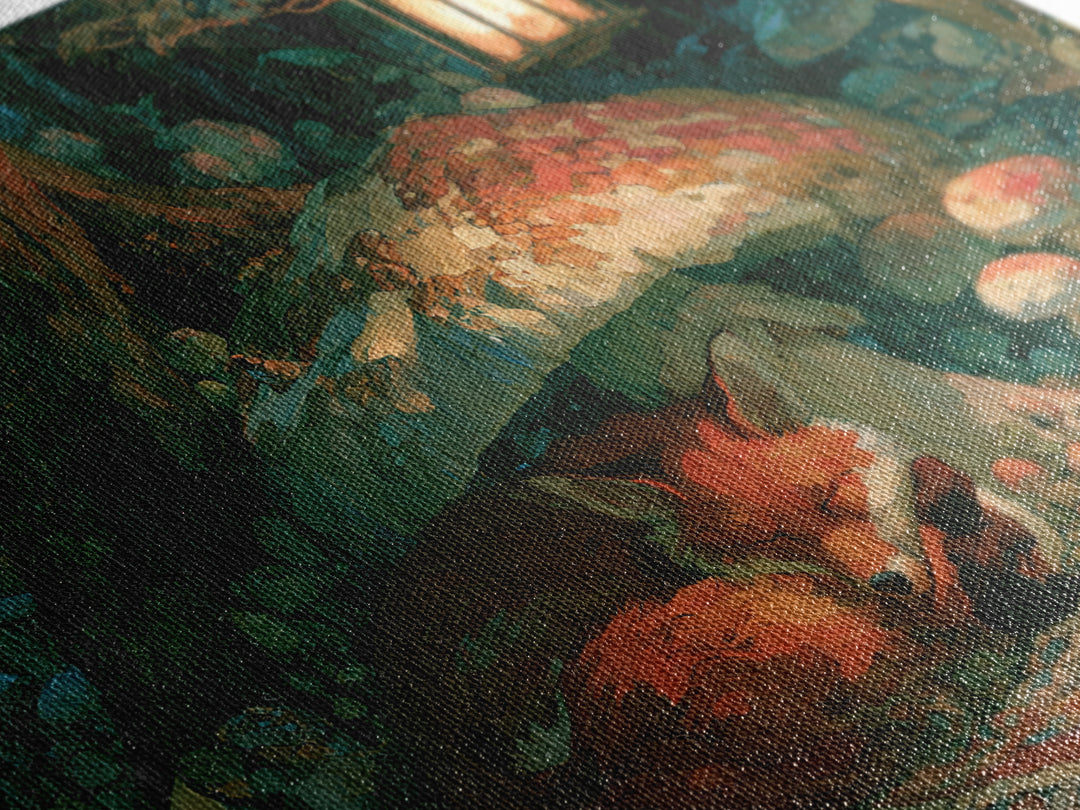Sleeping Fox Beside a Magical Mushroom Ring Canvas Print, Fairy Tale Art, Boho Wall Art, Living Room Decor, Storybook, FTA-3x2-55