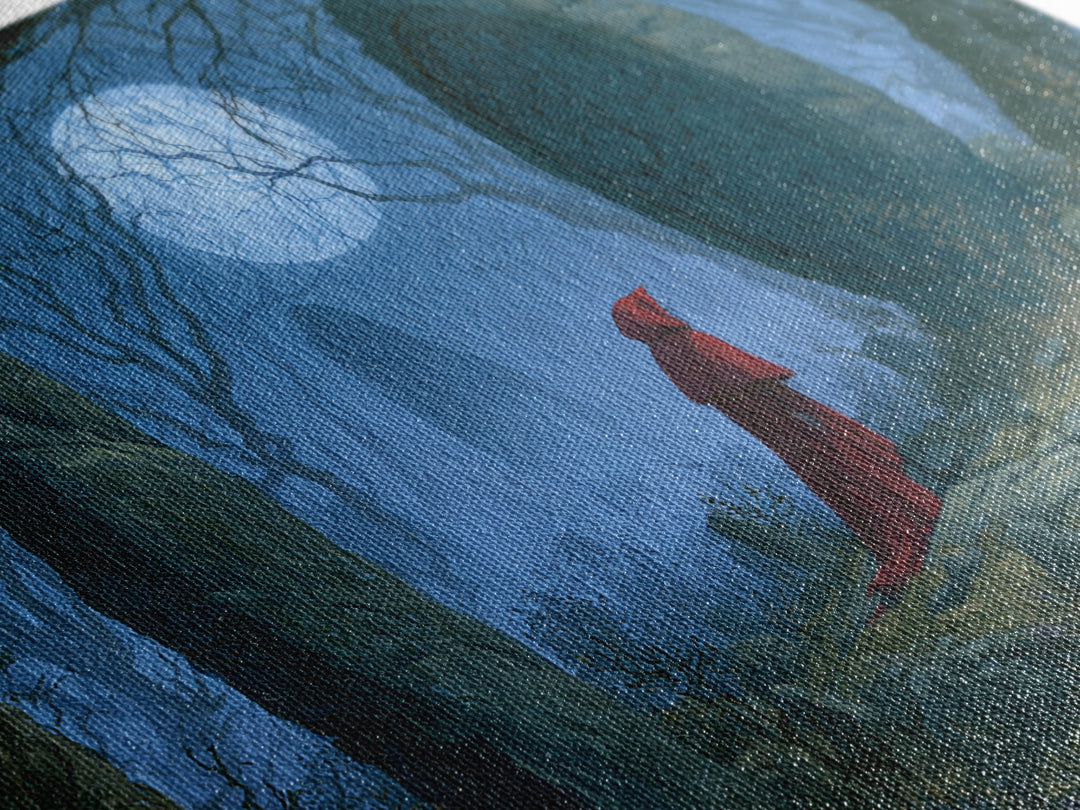 Red Cloak Figure Walking Through Dark Woods Canvas Print, Fairy Tale Art, Textured Painting, Living Room Decor, Storybook, FTA-3x2-60