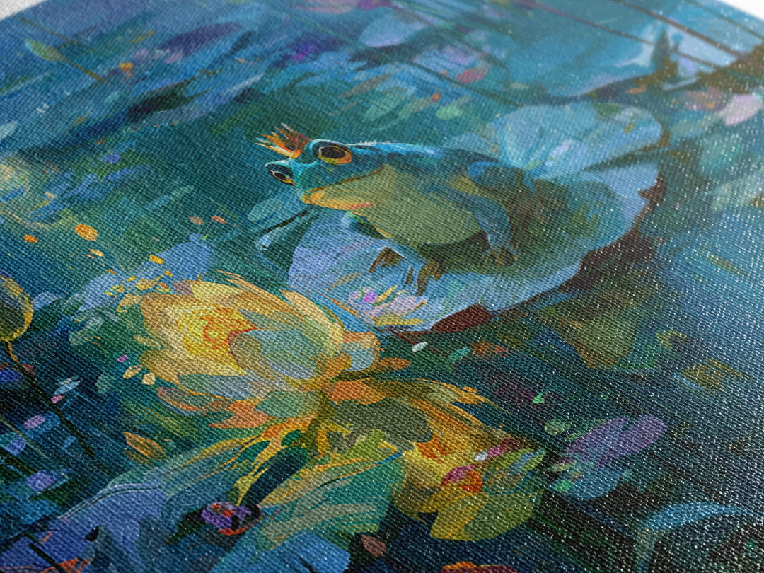 Frog Prince on a Lily Pad Framed Canvas Print, Fairy Tale Art, Dark Art, Living Room Decor, Storybook, Statement Artwork, FTA-3x2-63
