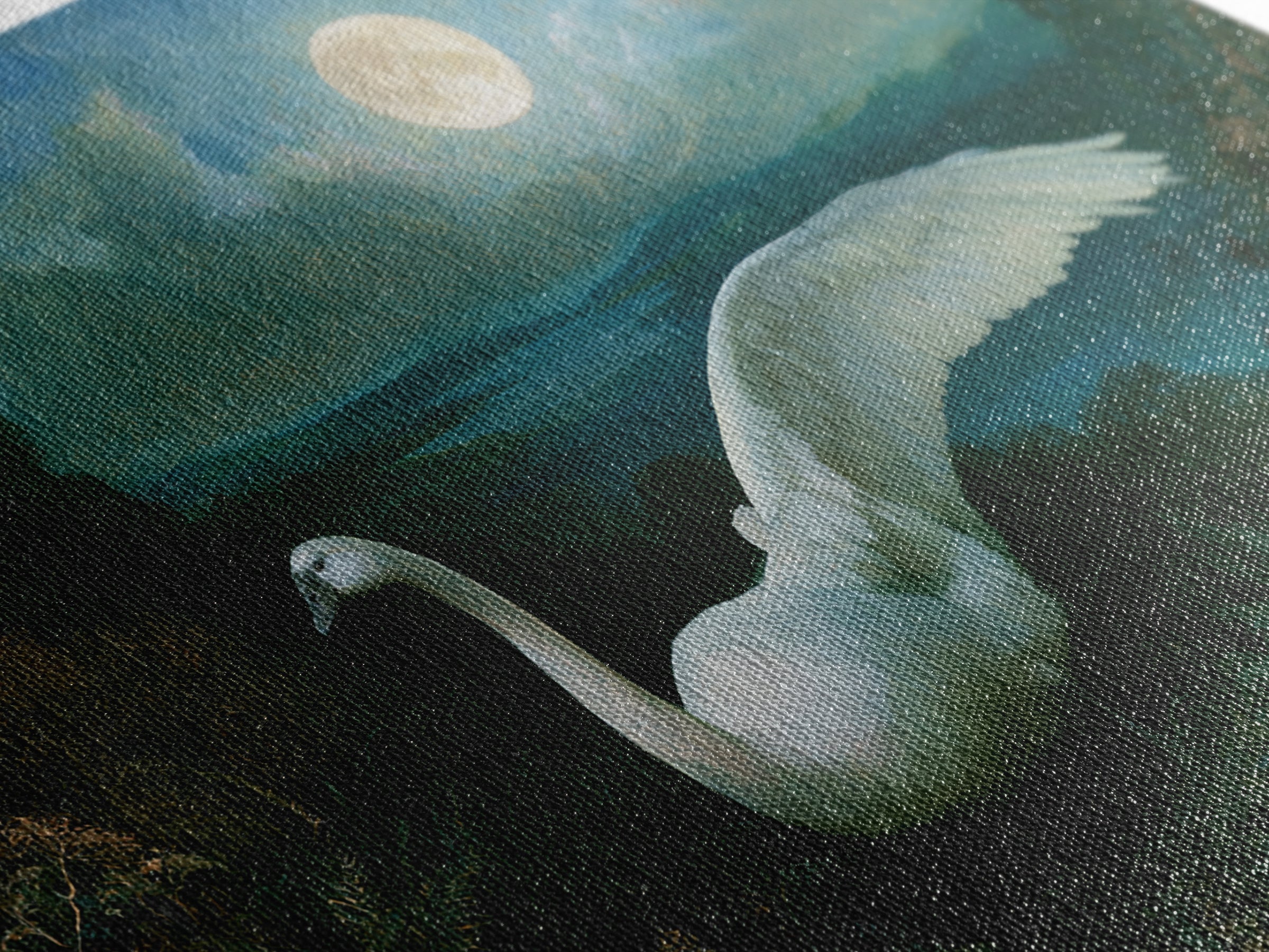 White Swan Transformation Scene Framed Canvas Print, Fairy Tale Art, Boho Wall Art, Living Room Decor, Oil Painting, Storybook, FTA-3x2-91