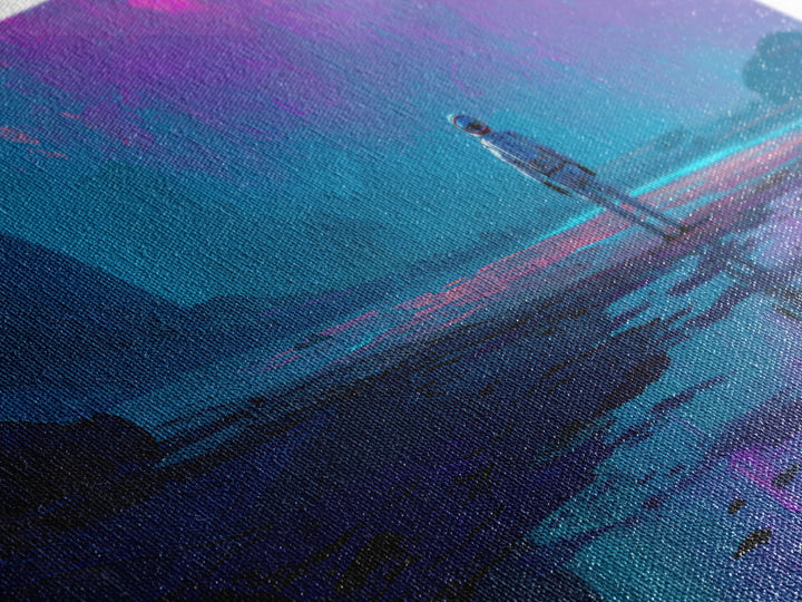 Silver Astronaut Walking Through Neon Desert Canvas Print, Futuristic Art, Steampunk Decor, Living Room Decor, Future, FUT-2x1-25