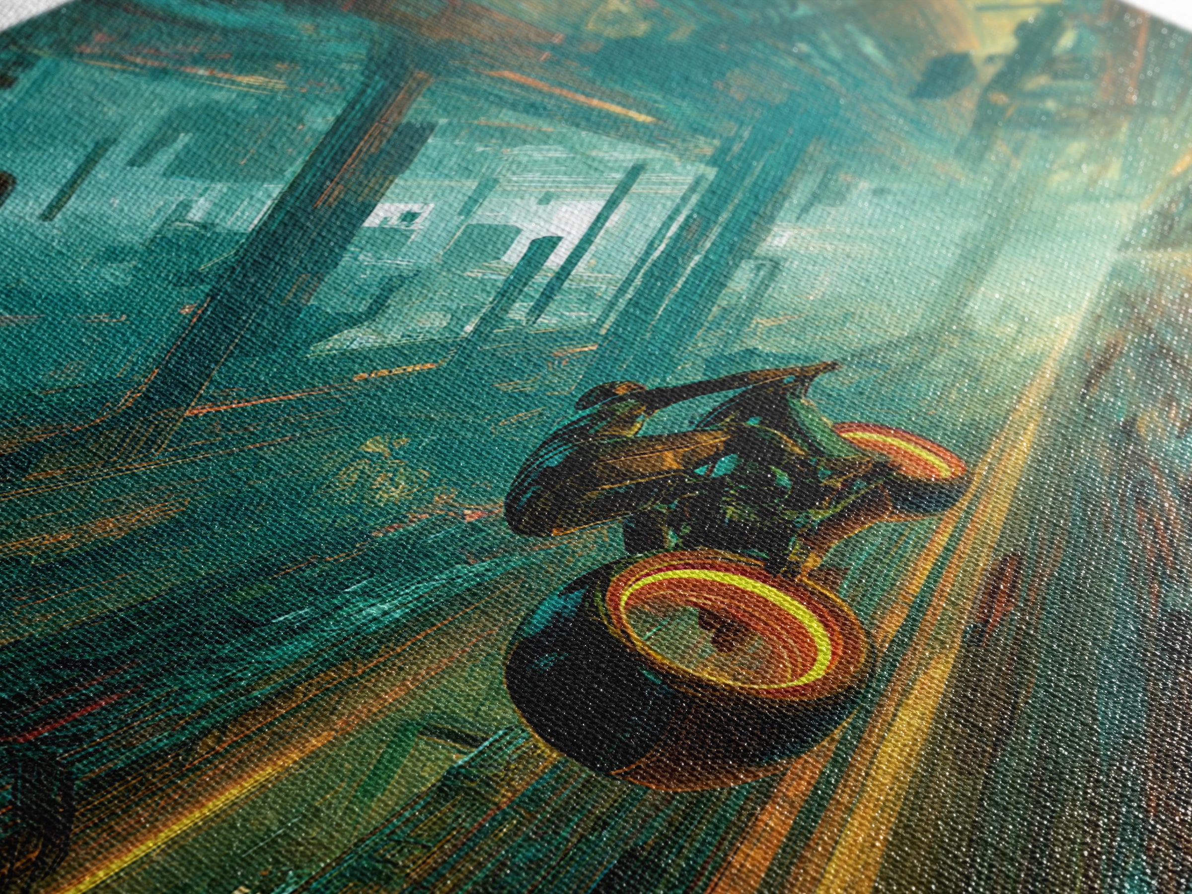 High Speed Hover Bike Trail of Light Framed Canvas Print, Futuristic Art, Room Decor, Living Room Decor, Fine Art, Future, FUT-2x3-76