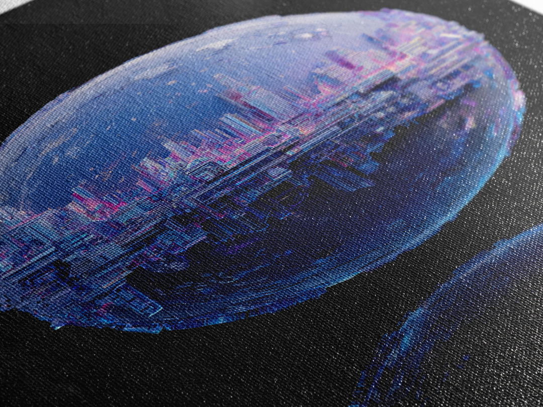 Orbital City Ring Around a Blue Planet Framed Canvas Print, Futuristic Art, Unique Home Decor, Living Room Decor, Future, FUT-2x3-90