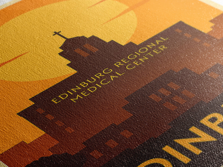 Edinburg Travel Poster, Framed Canvas Print, Golden Travel Poster Art, Edinburg Travel Art, Vintage City Art, City Illustration