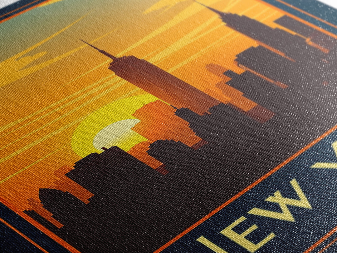 New York Travel Poster, Canvas Print, Warm Sunset Silhouette Art, New York Travel Art, Vintage Travel Art, Mid Century Wall Art