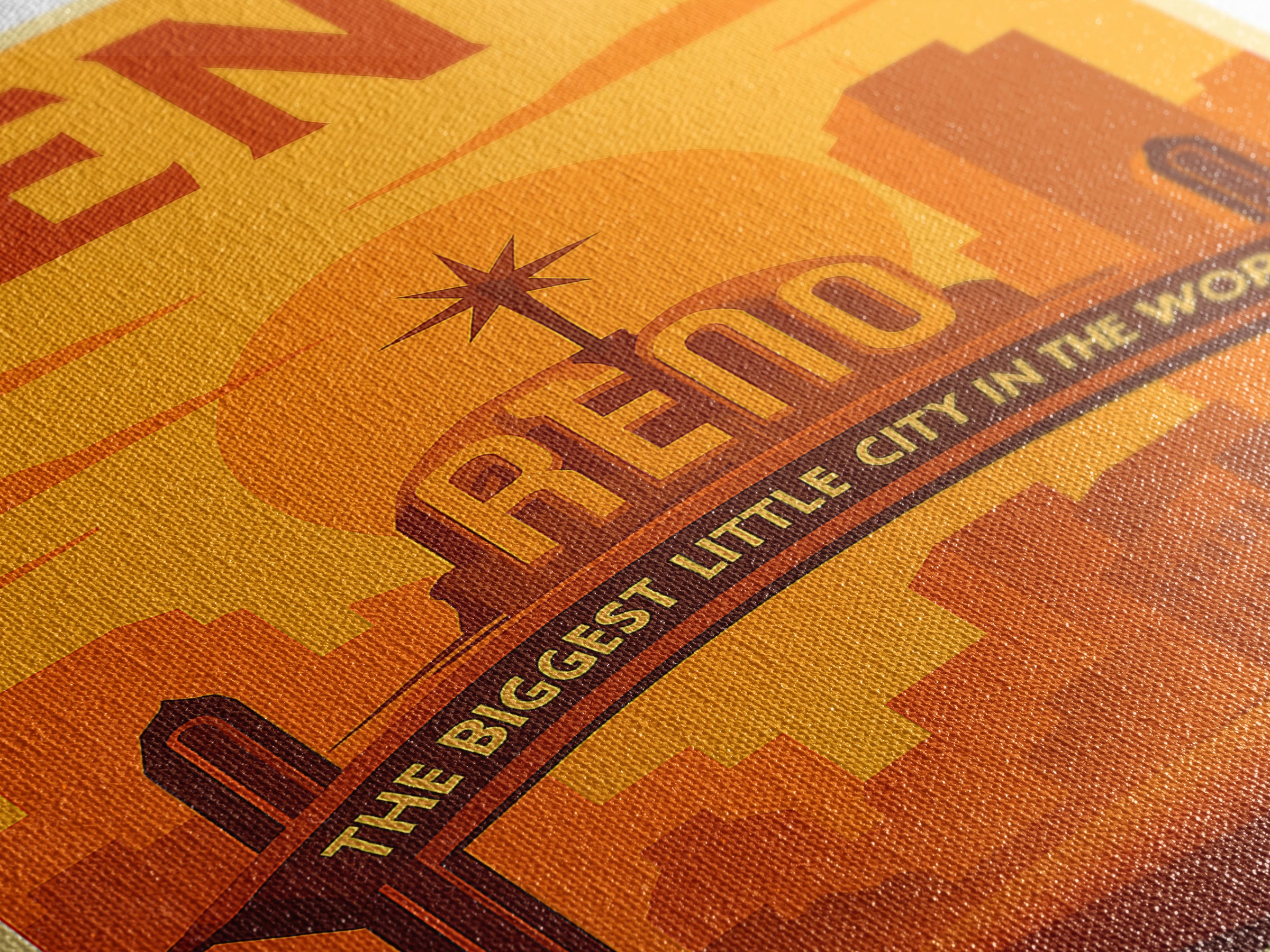 Reno Nevada Travel Poster, Canvas Print, Warm Sunset Silhouette Art, Reno Wall Art, City Art Print, Mid Century Wall Art, City Illustration