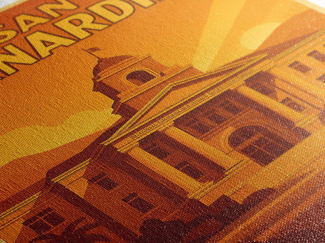 San Bernardino California Travel Poster, Canvas Print, Warm Sunset Silhouette Art, San Bernardino Wall Art, Vintage City Art