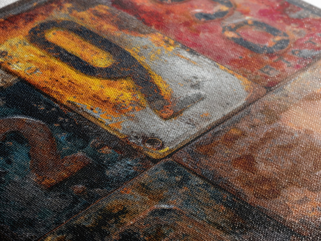 Rusty License Plate Collage Framed Canvas Print, Garage Art, Modern Decor, Garage Decor, Fine Art, Motor, Home Decor, GAR-1x1-80